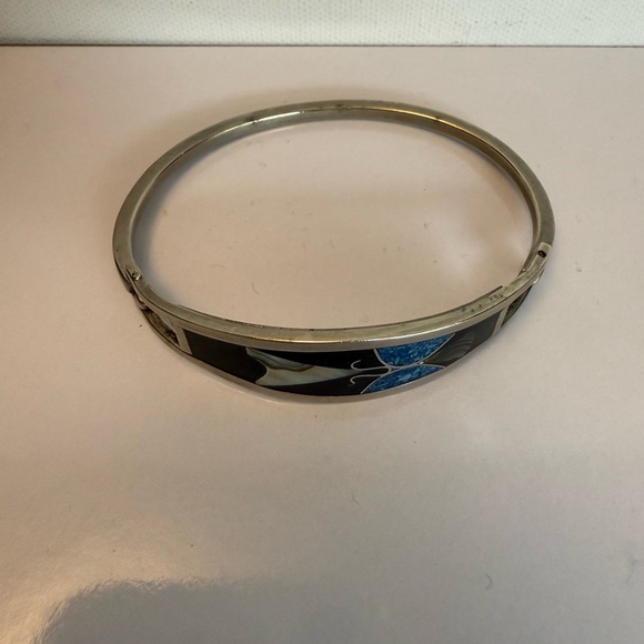 Silver Mother of Pearl with Black and Blue Inlay Bracelet - Picture 8 of 12